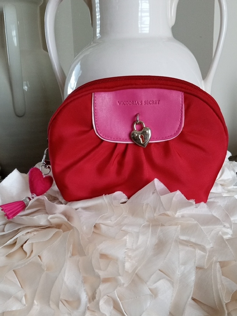 Victoria's Secret Red Cosmetic Pouch with Pink Accent and Heart Charm